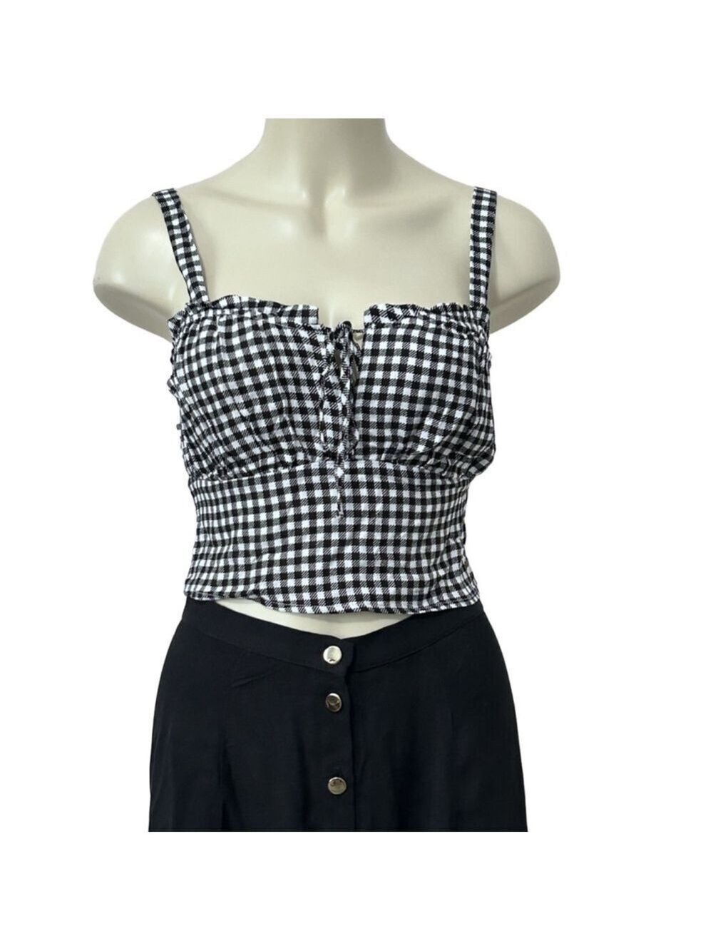 Hippie Rose Black & White Gingham Tie Front Smocked Waist Crop Top NWT Size M